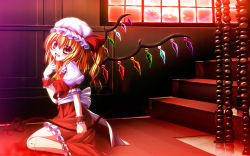 Rule 34 | 1girl, ascot, blonde hair, blood, fang, flandre scarlet, gradient background, hat, hatomura (tareneko club), head tilt, highres, holding, laevatein, open mouth, red eyes, side ponytail, sitting, smile, solo, stairs, touhou, wings, wristband