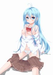 Rule 34 | 10s, 1girl, ahoge, arm support, bad id, bad pixiv id, bare shoulders, blue eyes, blue hair, blush, breasts, clothes pull, denpa onna to seishun otoko, long hair, matching hair/eyes, navel, nipples, no bra, off shoulder, open clothes, open shirt, panties, second heaven, shirt, simple background, sitting, skirt, skirt pull, unworn skirt, small breasts, smile, solo, touwa erio, underwear, white panties