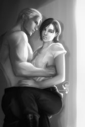 Rule 34 | albert wesker, black pants, boots, combat boots, glowing, glowing eyes, greyscale, highres, hug, jill valentine, looking at another, madbedlam, monochrome, pants, resident evil, shirt, topless male, short hair, white shirt