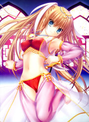 Rule 34 | 1girl, absurdres, anklet, arabian clothes, armpits, barefoot, blonde hair, blue eyes, bracelet, cameltoe, dancer, detached sleeves, feet, gypsy, hair ribbon, harem outfit, harem pants, highres, jewelry, knife, legs, little busters!, long hair, lots of jewelry, midriff, na-ga, navel, necklace, pants, ponytail, ribbon, see-through, solo, toes, tokido saya