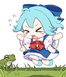 Rule 34 | &gt; &lt;, 1girl, animal, bloomers, blue bow, blue dress, blue footwear, blue hair, blush stickers, bow, cirno, collared shirt, dress, fairy, flying sweatdrops, frog, fumo (doll), hair between eyes, hair bow, highres, ice, ice wings, kame (kamepan44231), open mouth, shirt, shoes, short hair, short sleeves, simple background, solo, touhou, underwear, white background, white bloomers, white shirt, wings