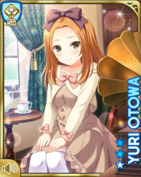 Rule 34 | 1girl, :o, bow, brown bow, brown dress, brown eyes, card, chair, character name, collarbone, cup, curtains, day, dress, girlfriend (kari), hair bow, hands on own knees, indoors, long hair, long sleeves, looking at viewer, mansion, official art, open mouth, orange hair, otowa yuri, pink bow, qp:flapper, sitting, solo, straight hair, table, tagme, tea kettle, teacup, window