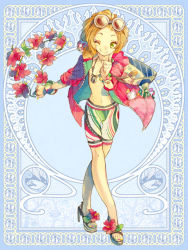 Rule 34 | 1boy, flower, flower necklace, green eyes, hibiscus, high heels, jewelry, lei, looking at viewer, male focus, necklace, one eye closed, orange hair, short hair, silver rain, smile, soga, solo, swimsuit