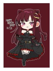Rule 34 | 1girl, ankle strap, assault lily, bare shoulders, belt, belt buckle, black belt, black collar, black dress, black footwear, black gloves, black ribbon, black thighhighs, blunt bangs, blunt ends, blush, border, bow, buckle, chibi, collar, commentary, cone hair bun, double bun, dress, elbow gloves, frilled dress, frills, full body, garter straps, gloves, gozen (assault lily), hair bow, hair bun, hair ornament, hand on own hip, happy birthday, heel up, high-low skirt, highres, light smile, long hair, looking at viewer, neck ribbon, off-shoulder dress, off shoulder, parted lips, pink eyes, red background, red bow, red hair, red ribbon, ribbon, shoes, short sleeves, sidelocks, skirt hold, solo, standing, thighhighs, very long hair, white border, yui (yui1115 )