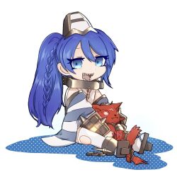 Rule 34 | 1girl, animal, blue eyes, blue hair, chain, chibi, collar, detached sleeves, dog, duel monster, ei (tdnei666), full body, hat, highres, holding, holding animal, holding dog, long hair, metal collar, open mouth, sandals, sharp teeth, sitting, teeth, thighhighs, torn clothes, torn thighhighs, unchained soul of anguish, unchained twins - rakea, yu-gi-oh!