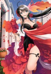 Rule 34 | 1girl, absurdres, ahoge, armpits, bare legs, bare shoulders, black hair, blue eyes, blue sky, bow, bracelet, breasts, building, choker, cleavage, collarbone, day, dress, flamenco, flower, foreshortening, frilled dress, frills, gradient hair, head tilt, highres, house, jewelry, large breasts, layered dress, long hair, looking at viewer, mouth hold, multicolored clothes, multicolored dress, multicolored hair, no socks, off-shoulder dress, off shoulder, petals, plant, ponytail, potted plant, red bow, red flower, red footwear, red rose, rose, rose petals, running, shoes, sky, solo, spanish clothes, strapless, strapless dress, tareme, tony taka, town, traditional clothes, very long hair