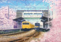 Rule 34 | akashi kaikyou, blue sky, cherry blossoms, day, no humans, original, outdoors, railroad tracks, scenery, sky, train, train station, tree