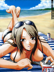 Rule 34 | 1girl, alcohol, barefoot, beach, beer, beer can, bikini, breasts, budweiser, can, cleavage, cloud, daisuke sid, day, drink can, eyewear on head, highres, large breasts, lying, non-web source, ocean, on stomach, open mouth, original, outdoors, sky, solo, sunglasses, swimsuit, water, wet