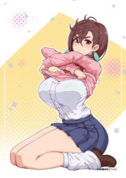 1girl ayase_momo blue_skirt blush bow bowtie breasts brown_eyes brown_hair brown_shoes closed_mouth commentary dandadan earrings english_commentary fanbox_username from_side full_body hair_behind_ear hair_between_eyes huge_breasts jewelry long_sleeves looking_at_viewer loose_socks miniskirt pink_sweater pleated_skirt red_bow red_bowtie school_uniform shirt shoes short_hair sitting skirt socks solo sparkle star_(symbol) sweater thighs undressing virus-g wariza white_shirt white_socks