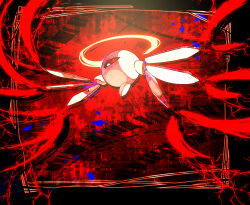 Rule 34 | abstract background, angel wings, colored sclera, commentary request, detached wings, halo, kirby (series), nintendo, no humans, one-eyed, red background, red sclera, red wings, shirushiki, solo, two-tone wings, veins, white wings, wings, yellow halo, zero two (kirby)