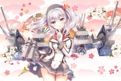 Rule 34 | 1girl, beret, black gloves, black hat, black skirt, blush, breasts, cannon, epaulettes, floral background, frilled sleeves, frills, gloves, gunp, hair between eyes, hat, jacket, kantai collection, kashima (kancolle), kerchief, large breasts, long hair, long sleeves, looking at viewer, military, military jacket, military uniform, miniskirt, pleated skirt, purple eyes, red neckwear, sidelocks, silver hair, skirt, turret, twintails, uniform, wavy hair, white gloves, white jacket