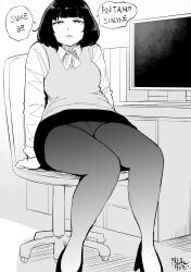 Rule 34 | 1girl, absurdres, blunt bangs, breasts, crotch seam, dated, greyscale, hadashi no kenji, high heels, highres, long sleeves, looking at viewer, medium hair, monitor, monochrome, office lady, original, panties, panties under pantyhose, pantyhose, pencil skirt, sitting, skirt, small breasts, solo, speech bubble, sweater vest, swivel chair, underwear