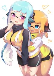 Rule 34 | 2girls, agent 3 (splatoon), agent 4 (splatoon), bike shorts, black shirt, black shorts, blue eyes, blue hair, blush, bob cut, commentary, dolphin shorts, female pervert, frown, grabbing, grabbing another&#039;s breast, grabbing from behind, heart, high-visibility vest, highres, inkling, inkling girl, inkling player character, leaning forward, long hair, long sleeves, looking at another, looking back, multiple girls, nintendo, open mouth, orange hair, penguin maru (penginmaru), pervert, purple eyes, shirt, short hair, short shorts, shorts, simple background, single vertical stripe, smile, splatoon (series), splatoon 1, splatoon 2, squidbeak splatoon, standing, tan, tentacle hair, twintails, vest, white background, yellow shirt, yellow vest