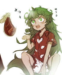 Rule 34 | + +, 2girls, blush, cloud print, collared shirt, commentary request, curly hair, denpa rasaito, dog girl, dog tail, drooling, feet out of frame, flat chest, food, green eyes, green hair, hakurei reimu, highres, horns, kariyushi shirt, komano aunn, long hair, meat, medium bangs, multiple girls, one-hour drawing challenge, open mouth, paw pose, red shirt, shirt, short sleeves, shorts, simple background, single horn, solo focus, squatting, tail, touhou, white background, white shorts
