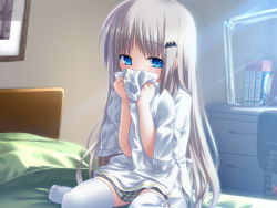 Rule 34 | 1girl, bed, blonde hair, blue eyes, blush, clothes, game cg, hair ornament, indoors, kud wafter, little busters!, long hair, na-ga, noumi kudryavka, school uniform, skirt, smelling, solo, thighhighs, white thighhighs, zettai ryouiki