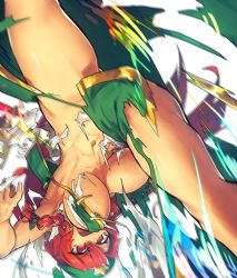 Rule 34 | 1girl, abs, armpits, bow, braid, breasts, convenient censoring, dutch angle, exploding clothes, hair bow, hair ornament, hat, hong meiling, large breasts, long hair, midriff, navel, red eyes, red hair, simple background, solo, spread legs, star, temmasa22, toned, torn clothes, touhou, twin braids, upside-down, white background