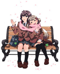 Rule 34 | 2girls, bag, bench, bf. (sogogiching), black eyes, black socks, brown hair, cherry blossoms, closed eyes, frog, hair ornament, hairclip, happy, kneehighs, loafers, multiple girls, original, petals, pink scarf, plaid, plaid skirt, scarf, school bag, school uniform, shared clothes, shared scarf, shoes, sitting, skirt, smile, socks, tail, thighhighs, twintails, yuri, zettai ryouiki