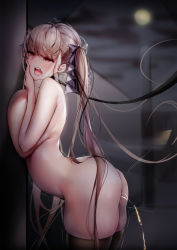 Rule 34 | 1girl, absurdres, against wall, animal collar, ass, azur lane, blurry, blurry background, breast press, breasts, brown thighhighs, cloud, collar, cowboy shot, depth of field, female ejaculation, formidable (azur lane), from side, geonjeonji, grey hair, hair ribbon, highres, huge breasts, lamppost, large breasts, leaning forward, leash, legs together, long hair, looking to the side, night, night sky, nude, open mouth, outdoors, peeing, public indecency, red eyes, ribbon, skindentation, sky, solo, standing, thighhighs, trembling, twintails, very long hair