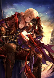 Rule 34 | 10s, 1boy, albert (shingeki no bahamut), armor, black gloves, blonde hair, building, cape, cloud, collarbone, electricity, gauntlets, gloves, granblue fantasy, head rest, highres, knee pads, looking at viewer, male focus, pants, pauldrons, red eyes, shingeki no bahamut, short sleeves, shoulder armor, signature, sitting, sky, smile, solo, sword, tenyo0819, torn cape, torn clothes, weapon