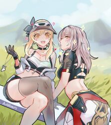 Rule 34 | 2girls, :d, aoiabyss, ass, bare shoulders, black shirt, blonde hair, blue sky, cloud, commentary, crop top, crossed legs, day, feet out of frame, genshin impact, gloves, grey gloves, grey hair, grey thighhighs, hand up, hat, highres, honkai: star rail, honkai (series), long hair, looking at viewer, lumine (genshin impact), midriff, mountain, multiple girls, open mouth, outdoors, shirt, single thighhigh, sitting, sky, smile, stelle (galactic grand prix) (honkai: star rail), stelle (honkai: star rail), thighhighs, thighs, trailblazer (honkai: star rail), yellow eyes