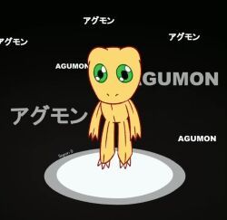 Rule 34 | agumon, animated, audible music, claws, digimon, digimon (creature), digimon universe: appli monsters, doll, english text, green eyes, japanese text, looking at viewer, sayuri d (liliana86973943), sound, spinning, video