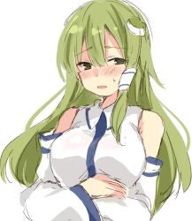 Rule 34 | 1girl, blush, breasts, detached sleeves, frog hair ornament, green eyes, green hair, hair between eyes, hair ornament, hair tubes, kochiya sanae, long hair, long sleeves, looking to the side, medium breasts, open mouth, paragasu (parags112), sidelocks, simple background, solo, sweat, touhou, upper body, white background