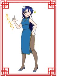 Rule 34 | 1girl, ;), alternate hairstyle, artist name, artist request, black pantyhose, blue dress, blue hair, blue skirt, blush, breasts, brown eyes, china dress, chinese clothes, double bun, dress, female focus, finger gun, full body, grey footwear, hair between eyes, hair bun, hand on own hip, long hair, looking at viewer, love live!, love live! school idol project, miniskirt, one eye closed, pantyhose, parted lips, plaid, plaid dress, plaid skirt, pleated, pleated dress, pleated skirt, shoes, skirt, small breasts, smile, solo, sonoda umi, standing, star (symbol), star print, white background, wink, yellow eyes