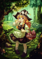 Rule 34 | apron, basket, black footwear, black hat, black skirt, black vest, blonde hair, blush, bow, braid, buttons, dappled sunlight, forest, frilled skirt, frills, hair bow, hat, hat bow, holding, holding basket, kirisame marisa, loafers, long hair, long sleeves, looking at viewer, mushroom, nature, outdoors, plant, red bow, rock, shirt, shoes, side braid, single braid, skirt, skirt set, smile, socks, solo, sunlight, touhou, tree, vest, vines, waist apron, white bow, white shirt, white socks, witch hat, yellow eyes, yuer (miyuexinling)