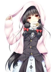 Rule 34 | 10s, 1girl, :3, absurdres, animal hood, black hair, blunt bangs, bow, brown eyes, hair bow, highres, hood, isokaze (kancolle), kantai collection, long hair, looking at viewer, moeki yuuta, mouth hold, rabbit hood, simple background, solo, striped