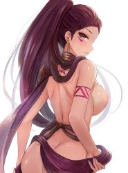 Rule 34 | 1girl, ass, braid, breasts, brown eyes, butt crack, closed mouth, earrings, facial mark, fire emblem, fire emblem: three houses, highres, jewelry, large breasts, leonmandala, long hair, looking at viewer, nintendo, nipples, nude, petra macneary, purple hair, simple background, solo