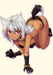 Rule 34 | 1girl, all fours, animal ears, ass, black gloves, blush, bracelet, breasts, collar, commentary request, dark skin, dark-skinned female, fang, gloves, halloween, jewelry, mikannsisyou, open mouth, original, red eyes, short hair, silver hair, smile, solo, tail, wolf ears, wolf tail