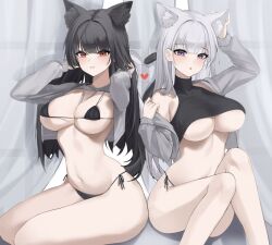 Rule 34 | 2girls, 72 chiri, animal ear fluff, animal ears, arm up, artist request, bare legs, bare shoulders, bikini, black bikini, black hair, black shirt, breasts, cat ears, cat girl, cat tail, check artist, crop top, cropped jacket, drawstring, extra ears, frown, grey jacket, hands up, heart, highres, jacket, large breasts, long hair, long sleeves, looking at viewer, multiple girls, navel, no pants, off shoulder, open clothes, open jacket, original, parted lips, purple eyes, red eyes, shirt, shrug (clothing), side-tie bikini bottom, sitting, skindentation, sleeveless, sleeveless shirt, stomach, strap gap, string bikini, swimsuit, tail, tail raised, thighs, underboob, white hair