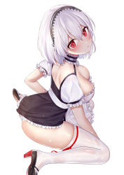 Rule 34 | 1girl, absurdres, apron, ass, azur lane, backless dress, backless outfit, black dress, black footwear, blush, breasts, cleavage, collar, dress, framed breasts, frilled apron, frills, full body, hair between eyes, hairband, high heels, highres, jyu-so, lace hairband, large breasts, looking back, metal collar, microdress, panties, pout, puffy short sleeves, puffy sleeves, red eyes, ribbon, seiza, shoes, short sleeves, simple background, sirius (azur lane), sitting, solo, spill, thighhighs, underwear, waist apron, water, white background, white hair, white panties, white thighhighs