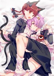 Rule 34 | 2girls, alternate costume, animal ears, apron, ass, bad id, bad pixiv id, bed, bed sheet, braid, breasts, cat ears, cat tail, chieezuik, dress, enmaided, extra ears, eyeball, fang, frilled dress, frilled sleeves, frills, hair ornament, headband, heart, heart hair ornament, heart of string, highres, holding person, holding tail, jitome, juliet sleeves, kaenbyou rin, komeiji satori, large breasts, long sleeves, maid, medium breasts, multiple girls, multiple tails, nekomata, puffy sleeves, purple eyes, purple hair, red eyes, red hair, ribbon-trimmed collar, ribbon trim, short hair, skin fang, smirk, socks, tail, thighhighs, thighs, touhou, twin braids, two tails, white apron, white legwear