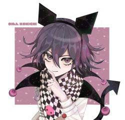Rule 34 | 1boy, animal ears, character name, checkered clothes, checkered scarf, commentary, danganronpa (series), demon tail, fake animal ears, hair between eyes, heart, highres, jacket, long sleeves, looking at viewer, male focus, medium hair, oma kokichi, pale skin, peosi (percy), purple eyes, purple hair, scarf, skull, smile, tail, white jacket