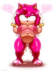 Rule 34 | 1girl, aftersex, amy rose, angelauxes, breasts, cum, cumdrip, english text, furry, furry female, gloves, unworn gloves, green eyes, hangover, headband, hedgehog, inflation, large breasts, long eyelashes, navel, pink fur, plump, rolling eyes, see-through, sega, slippers, solo, sonic (series), sonic (series), teeth, thick thighs, thighs, thong, white hair
