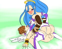 Rule 34 | 1girl, amazon pandora, armored leotard, artist request, ass, blue hair, blush, breasts, brown hair, cleavage, kid icarus, kid icarus uprising, long hair, medium breasts, nintendo, nipples, penis, pit (kid icarus), purple eyes, sex, short hair, solo, tagme, thick thighs, thighs, wide hips