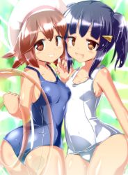 Rule 34 | 2girls, :d, ass, black hair, blue one-piece swimsuit, blush, brown eyes, brown hair, grin, holding, innertube, looking at viewer, multiple girls, naka (cheeseyeast), one-piece swimsuit, open mouth, original, school swimsuit, shiny clothes, smile, swim ring, swimsuit, wet, white one-piece swimsuit, white school swimsuit