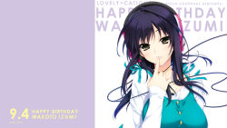 1girl birthday black_hair brown_eyes dated female_focus happy_birthday headphones highres iizuki_tasuku izumi_wakoto long_hair lovely_x_cation_2 solo