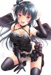 Rule 34 | 10s, 1girl, :d, alto seneka, arm support, between legs, black dress, black footwear, black gloves, black hair, black ribbon, black thighhighs, black wings, blush, bow, breasts, buttons, choker, cleavage, collarbone, covered erect nipples, criss-cross halter, detached sleeves, double-breasted, dress, elbow gloves, eyebrows, eyelashes, feathered wings, frills, gloves, gradient background, hair bun, hair ribbon, halterneck, hand between legs, layered dress, long hair, looking at viewer, love live!, love live! school idol festival, love live! school idol project, love live! sunshine!!, medium breasts, microdress, no bra, open m/, open mouth, red eyes, ribbon, shoes, signature, simple background, single glove, single hair bun, sleeveless, smile, solo, squatting, thighhighs, tsushima yoshiko, very long hair, white background, wings