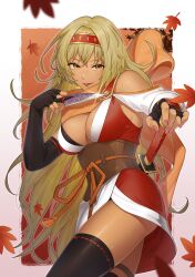 Rule 34 | absurdres, black footwear, black gloves, blonde hair, boots, breasts, cleavage, commission, commissioner upload, dark-skinned female, dark skin, fire emblem, fire emblem: the binding blade, fire emblem heroes, forehead protector, gloves, highres, igrene (fire emblem), kunai, kuzunue, large breasts, long hair, looking at viewer, mole, mole under eye, ninja, nintendo, non-web source, official alternate costume, scarf, skeb commission, thigh boots, weapon, yellow eyes