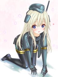 Rule 34 | 10s, 1girl, all fours, black legwear, blonde hair, blush, cropped jacket, garrison cap, hat, heart, highres, kantai collection, langley1000, long hair, long sleeves, military, military uniform, open mouth, petals, puffy long sleeves, puffy sleeves, purple eyes, solo, u-511 (kancolle), uniform