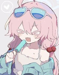 Rule 34 | &gt; &lt;, 1girl, ahoge, bikini, blue archive, blush, cardigan, closed eyes, eyewear on head, food, gil (gil 261), grey background, hair bobbles, hair ornament, halo, heart, highres, holding, holding food, holding popsicle, hoshino (blue archive), hoshino (swimsuit) (blue archive), jacket, long hair, low twintails, off shoulder, open mouth, pink hair, popsicle, simple background, solo, spoken heart, sunglasses, sweat, swimsuit, twintails, very long hair, white bikini