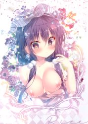 Rule 34 | 1girl, absurdres, bare arms, bare shoulders, blush, bow, breasts, character name, cleavage, collarbone, eyes visible through hair, floral background, frown, gochuumon wa usagi desu ka?, hair between eyes, hair bobbles, hair bow, hair ornament, hairband, hand up, highres, large breasts, long hair, looking at viewer, mitsumomo mamu, nipples, no bra, off shoulder, purple eyes, purple hair, scan, solo, tearing up, tedeza rize, upper body, white hairband