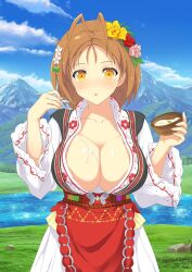 Rule 34 | 1girl, antenna hair, blue sky, blush, bow, bowl, breasts, chitose (senran kagura), cleavage, cliff, clothing request, cloud, collarbone, day, field, floral print, flower, food, food on body, food on breasts, grass, green bow, hair flower, hair ornament, holding, holding bowl, holding spoon, large breasts, leaf, light brown hair, long sleeves, looking at viewer, mountain, mountainous horizon, official art, open mouth, orange eyes, pink flower, pink rose, plunging neckline, red flower, red rose, river, rock, rose, senran kagura, senran kagura new wave, sky, solo, soup, spill, spoon, suggestive fluid, underbust, white flower, yaegashi nan, yellow flower, yellow rose