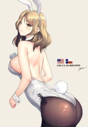 Rule 34 | 1girl, alternate costume, american flag, animal ears, ass, black pantyhose, bow, bowtie, breasts, brown eyes, character name, commentary, creature, detached collar, english commentary, fake animal ears, highres, houston (kancolle), kantai collection, large breasts, leaning forward, leotard, light brown hair, looking at viewer, medium breasts, odachu, pantyhose, playboy bunny, rabbit ears, rabbit tail, simple background, solo, standing, strapless, strapless leotard, tail, texas flag, white background, white leotard, wrist cuffs