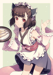 Rule 34 | 1girl, alternate costume, apron, bare shoulders, black hair, black skirt, blush, bow, brown background, closed mouth, commentary request, dated, detached sleeves, enmaided, food, fox hair ornament, frilled apron, frills, green background, hair ornament, hairclip, hands up, headgear, highres, holding, holding tray, japanese clothes, kimono, long sleeves, maid, obi, pink bow, plate, red eyes, sash, signature, skirt, sleeveless, sleeveless kimono, smile, solo, touhoku kiritan, tray, two-tone background, voiceroid, wa maid, white apron, white kimono, white sleeves, wide sleeves, yoshino ryou