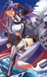 Rule 34 | 1girl, absurdres, american flag, armor, armored boots, black necktie, black thighhighs, black vest, blue eyes, blue hair, boots, breasts, cloud, flag, fukazaki, headgear, highres, holding, holding flag, kantai collection, large breasts, leg up, long hair, multicolored hair, necktie, open mouth, outdoors, red hair, rigging, shirt, single leg pantyhose, single thighhigh, sky, solo, south dakota (kancolle), star (symbol), thighhighs, vest, water, white hair, white shirt