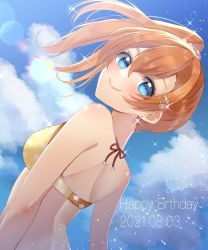 Rule 34 | 1girl, alternate hairstyle, aqua eyes, armband, artist name, artist request, bare shoulders, bikini, blue eyes, blue sky, blush, bracelet, breasts, cleavage, close-up, cloud, collarbone, day, earrings, female focus, floating hair, from behind, front-tie bikini top, front-tie top, hair between eyes, hair ornament, hair scrunchie, hairclip, heart, heart earrings, high ponytail, highres, jewelry, kosaka honoka, looking at viewer, looking back, love live!, love live! school idol festival, love live! school idol project, mismatched bikini, orange bikini, orange hair, outdoors, parted lips, pink scrunchie, ponytail, scrunchie, short hair, short ponytail, side ponytail, sky, smile, solo, sparkle, star (symbol), star bikini, star print, string bikini, swimsuit, upper body, wrist scrunchie, wrist wrap, yellow bikini