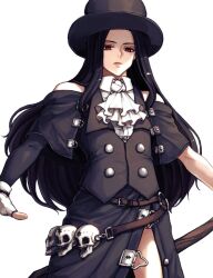 Rule 34 | 1other, androgynous, ascot, asymmetrical sleeves, black hair, black headwear, ebi pri shrimp, fingerless gloves, gloves, guilty gear, guilty gear strive, hat, long hair, looking at viewer, other focus, red eyes, skull, testament (guilty gear), top hat, white ascot, white gloves